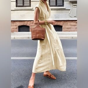NWT- Commense Cotton & Linen Belted Sleeveless Long Dress